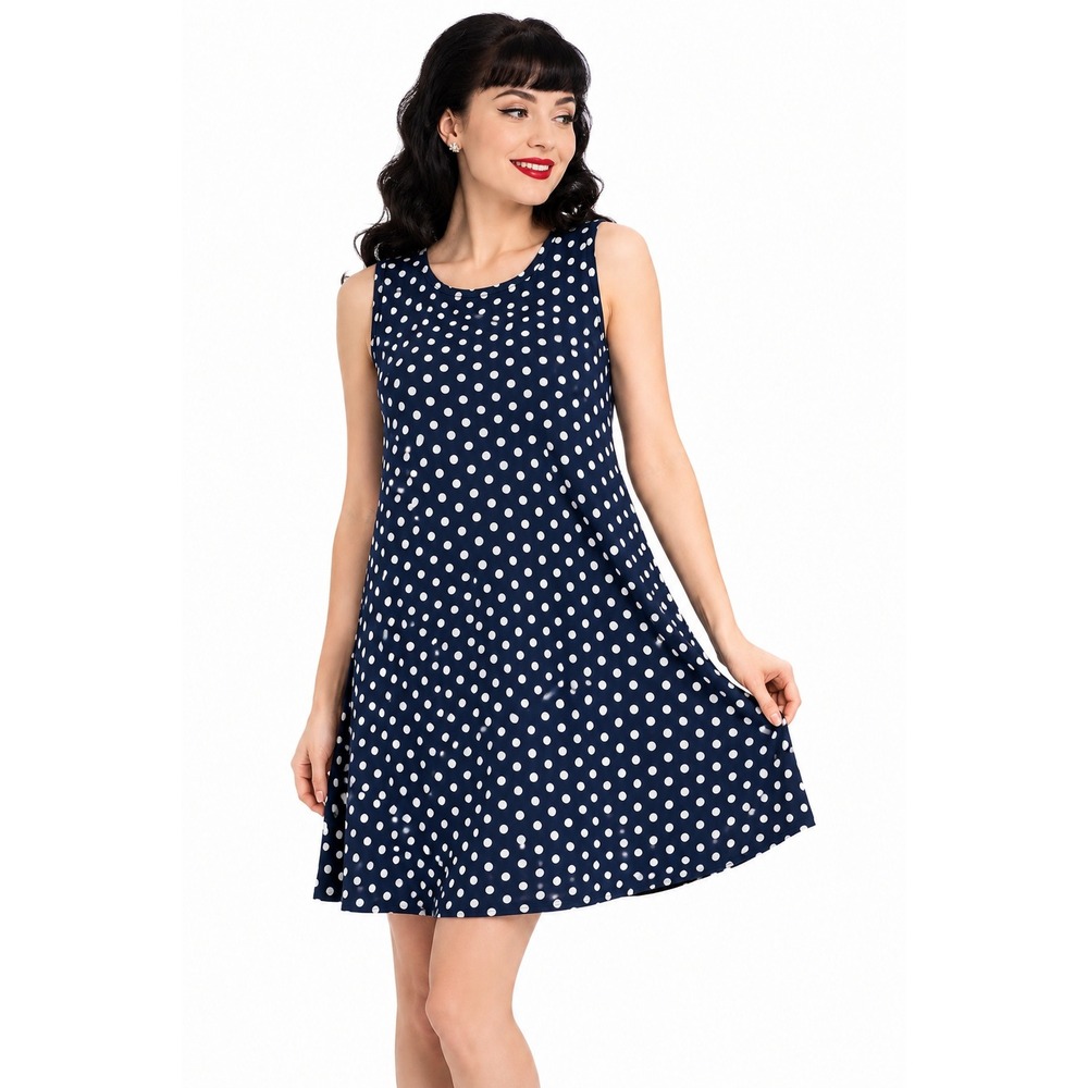 Navy Polka Dot Swing Dress Sleeveless Retro Rockabilly Pin Up Feminine Retro